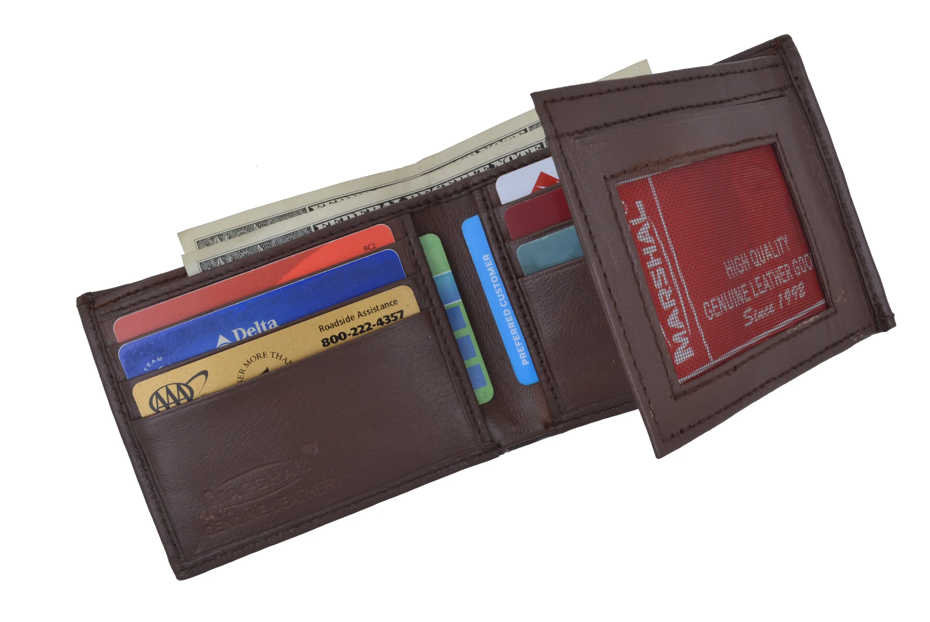 Mens Bifold Flap Out ID Windows Genuine Leather Wallet 1192