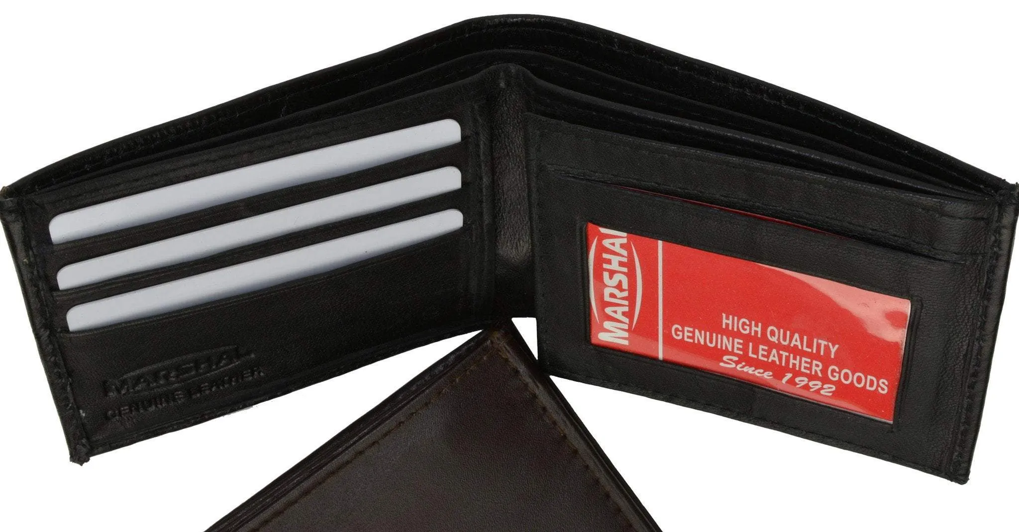 Mens Bifold Flap Out ID Windows Genuine Leather Wallet 1192