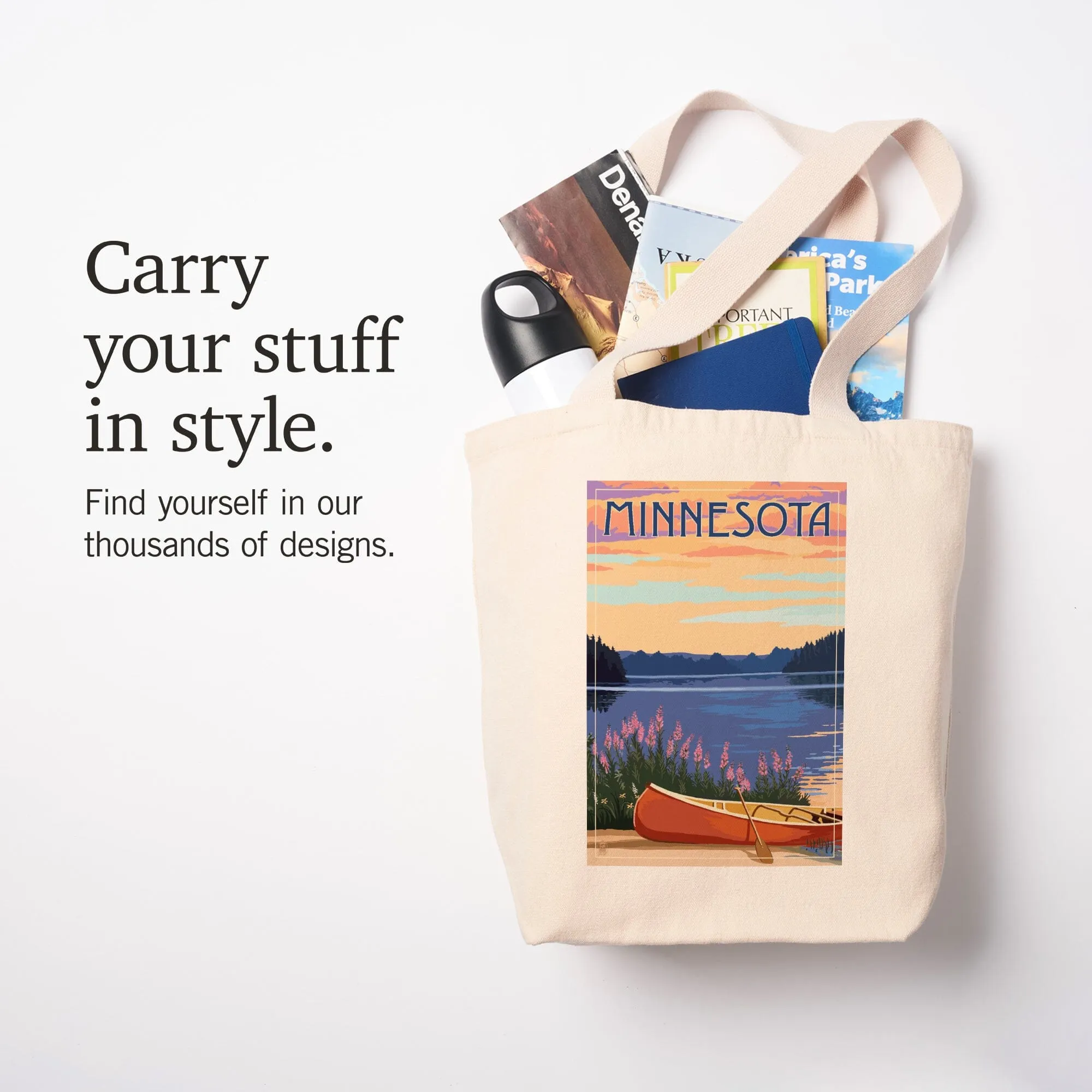 Minnesota, Canoe & Lake, Lantern Press Artwork, Tote Bag