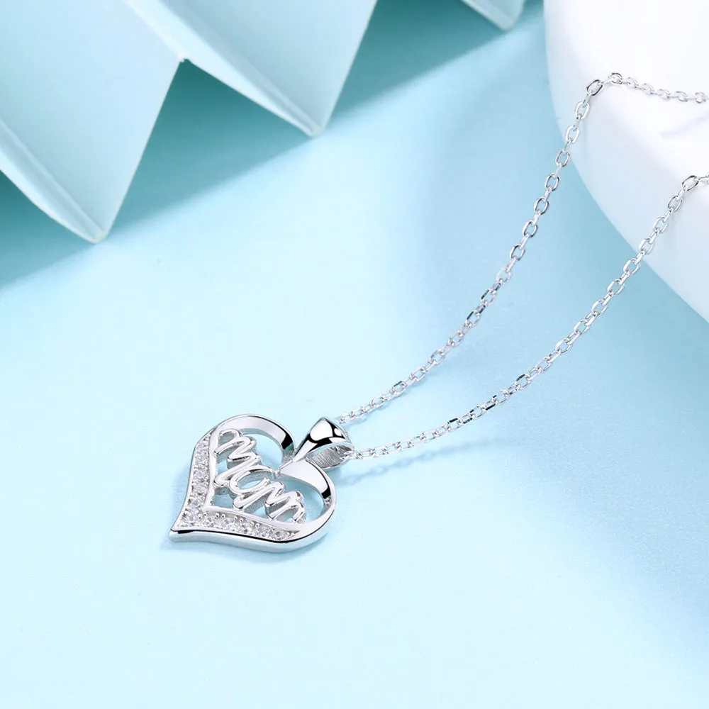 Sterling Silver Mom Heart Pendant Necklace with Swarovski Crystal