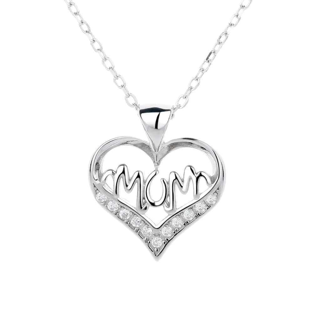 Sterling Silver Mom Heart Pendant Necklace with Swarovski Crystal