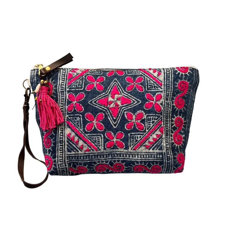 Viet Batik Pouch Flowers Indigo/Pink