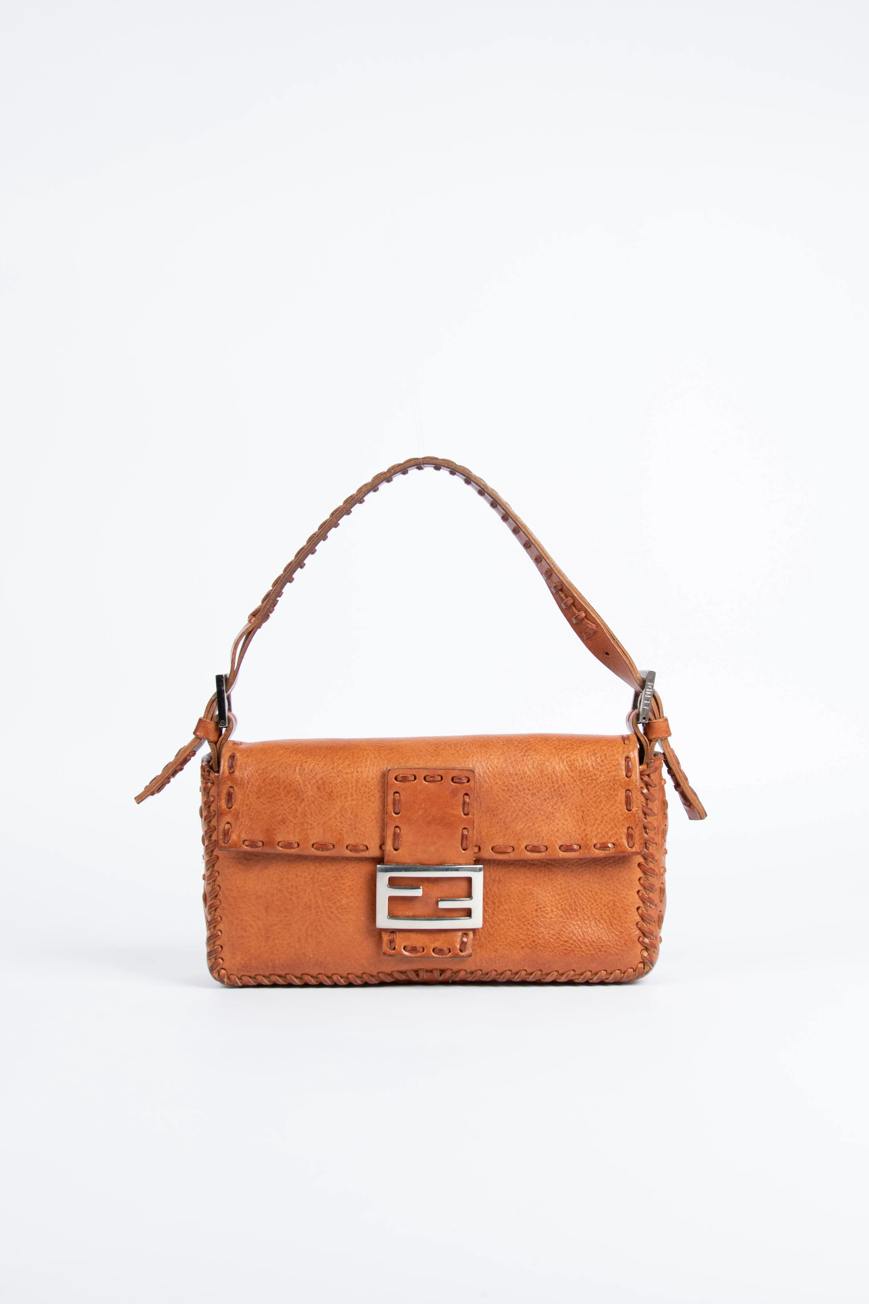 Vintage Fendi Brown Leather Mirror Baguette Shoulder Bag