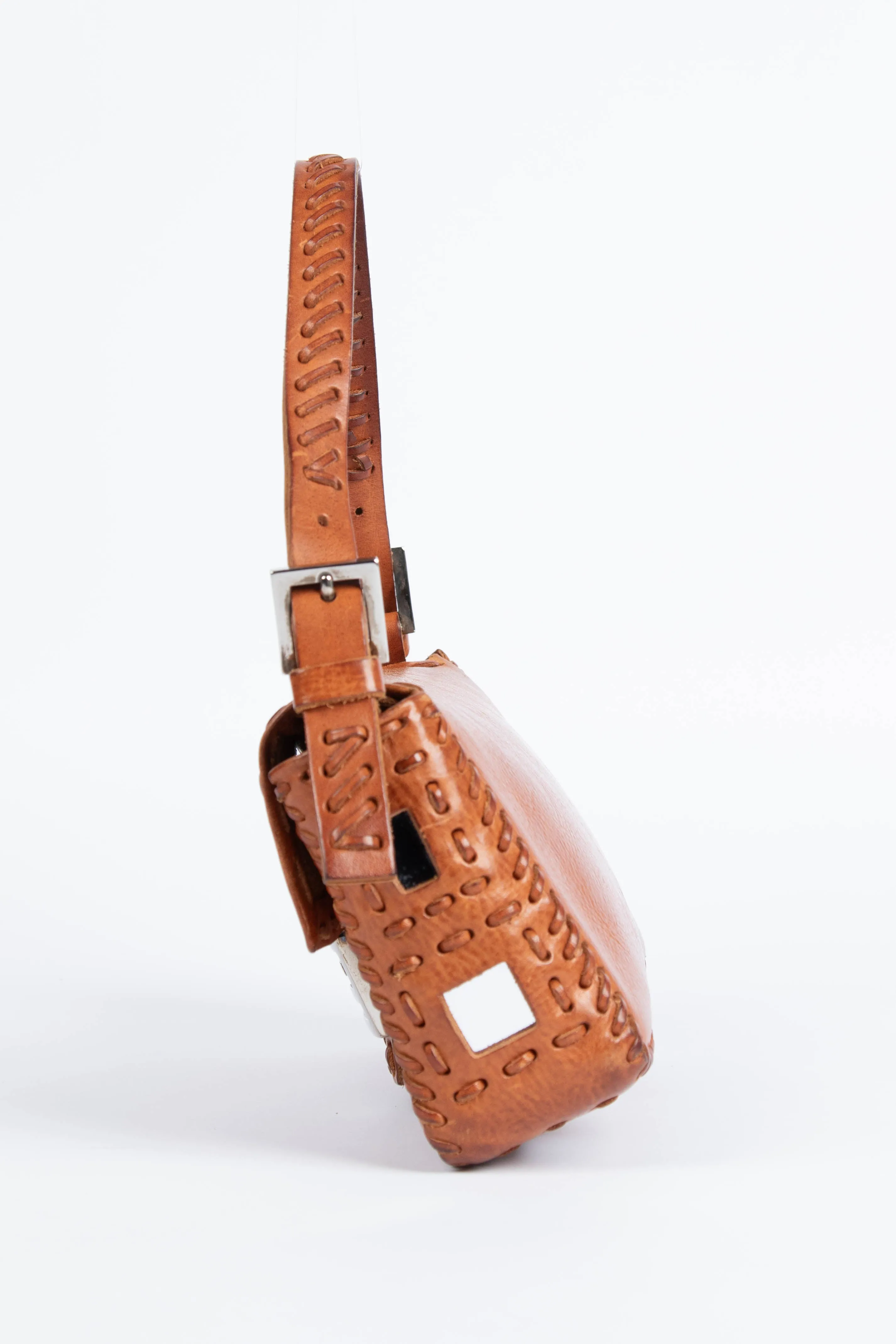Vintage Fendi Brown Leather Mirror Baguette Shoulder Bag